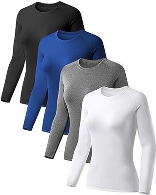 TELALEO 4 Pack Womens Compression Shirt Long Sleeve Performance Workout Baselayer Athletic Top Sports Gear-Black/Grey/White/Blue Small