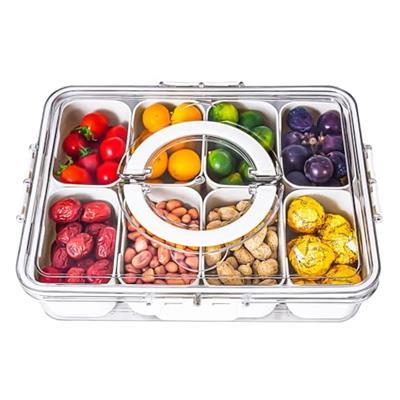Divided Serving Tray with Lid and Handle - Snackle Box Charcuterie Container for Portable Snack Platters - Clear Organizer for Candy, Fruits, Nuts, Sn