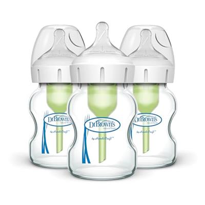 Dr. Browns Natural Flow Anti-Colic Options+ Wide-Neck Glass Baby Bottles 5 oz/150 mL, with Level 1 Slow Flow Nipple, 3 Pack, 0m+