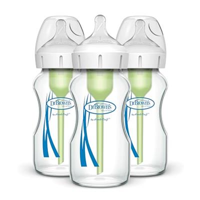 Dr. Browns Natural Flow Anti-Colic Options+ Wide-Neck Glass Baby Bottles 9 oz/270 mL, with Level 1 Slow Flow Nipple, 3 Pack, 0m+