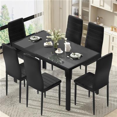 Grondin Modern Style 7-Piece Dining Room Table Set with Tempered Glass Tabletop and 6 PU Leather Uph
