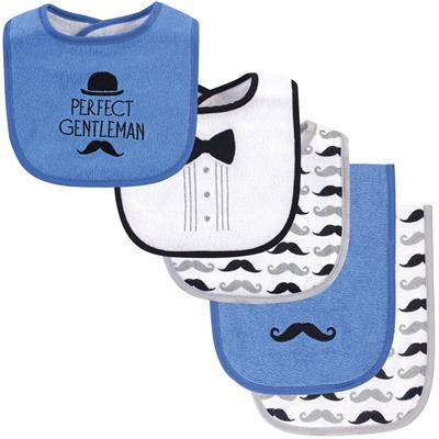 Hudson Baby Infant Boy Cotton Terry Bib and Burp Cloth Set 5 Pack, Perfect Gentleman