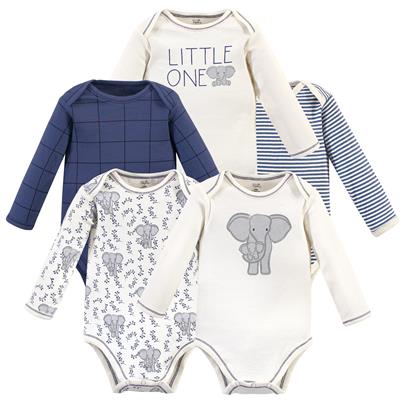 Touched by Nature Organic Cotton Long-Sleeve Bodysuits 5-pack, Blue Elephant