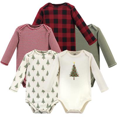 Touched by Nature Organic Cotton Long-Sleeve Bodysuits 5-pack, Tree Plaid