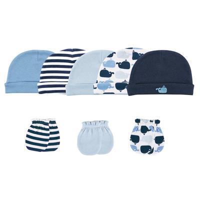Luvable Friends Baby Boy Cotton Caps and Scratch Mittens 8pk, Whale, 0-6 Months
