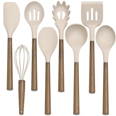 Silicone Kitchen Cooking Utensil Set, 9Pcs Kitchen Utensils Spatula Set with Wooden Handle for Nonstick Cookware, 446°F Heat Resistant Silicone Kitche