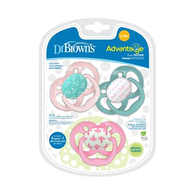 Dr. Browns Advantage 3-Pack Stage 2 Glow in the Dark Pacifiers in Pink