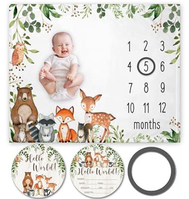 Yuzioey Woodland Animals Baby Milestone Blanket with Birth Stat Sign, Forest Baby Growth Chart Monthly Blanket, Watch Me Grow Woodland Baby Nursery fo