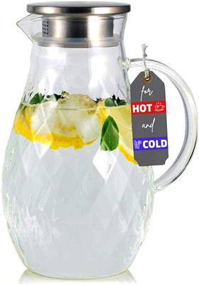 Borosilicate Glass Pitcher with Lid and Spout - 68 Ounces Cold and Hot Water Carafe with Unique Diamond Pattern, Beverage Pitcher for Homemade Iced Te