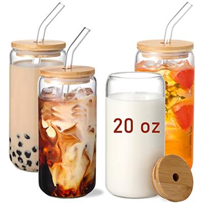 VITEVER 20 OZ Glass Cups with Bamboo Lids and Glass Straw - 4pcs Set Beer Can Shaped Drinking Glasses, Iced Coffee Glasses, Cute Tumbler Cup, Aestheti