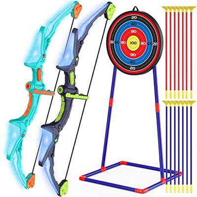Kmuxilal 2 Pack Kids Bow and Arrow Set with LED Flash Lights, 14 Suction Cup Arrows and Fluorescence Standing Target-Perfect Indoor and Outdoor Archer