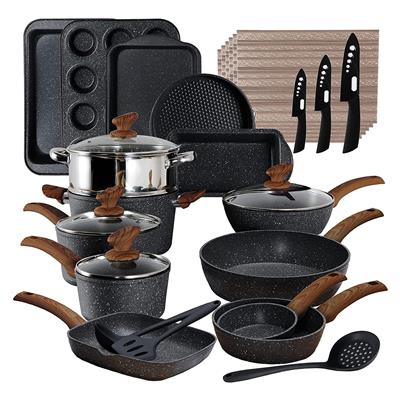 30-Piece Kitchen Black Granite Cookware and Bakeware Set, Cooking Pans Set Non-Stick Pots and Pans S