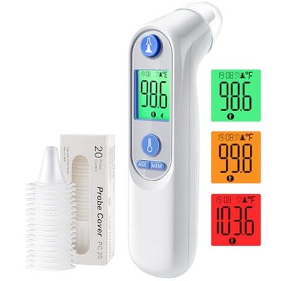 Ear Thermometer, Digital Ear Thermometer for Kids and Adults, High Accuracy Baby Thermometer with 1s Result, 3-Color Coded and 30 Memory Recall, Easy