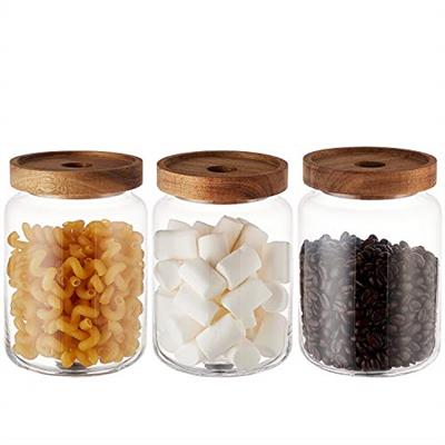 KMwares 3pcs(28oz X 3) Clear Glass Food Jars/Canisters with Airtight Seal Acacia Wood Lids for Kitchen/Bathroom/Pantry Storage, Serving Pasta, Candy,