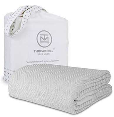 Threadmill Luxury Cotton Blankets for King Size Bed | All-Season Cozy 100% Cotton Blanket | Herringbone Soft & Lightweight Fall Thermal Blanket fits C