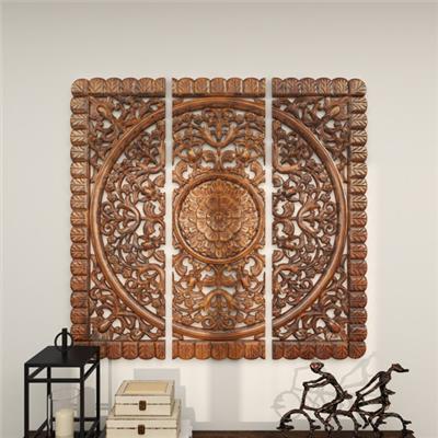 Dakota Fields 3 Pieces Brown Wood Handmade Intricately Carved Floral Wall Decor with Mandala Design 48H, 48W & Reviews | Wayfair