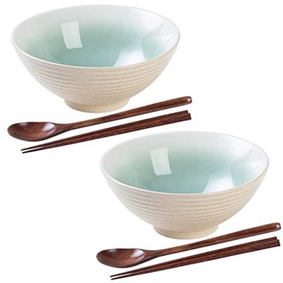 HOKELER Ceramic Japanese Ramen Bowl Set, 2 Sets 8 inch 40 Ounce Asian Pho Udon Noodle Bowls with Spoons and Chopsticks (Green, 8 inches)