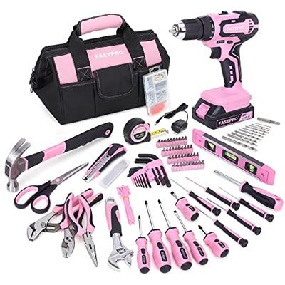 FASTPRO 232-Piece 20V Pink Cordless Lithium-ion Drill Driver and Home Tool Set, Ladys Repairing Kit with 12-Inch Wide Mouth Open Storage Bag