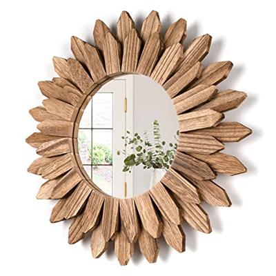 Honiway Wall Mirror Decorative 12 inch Rustic Wood Mirror Sunburst Boho Mirror for Entryway Bedroom Living Room Bathroom House Warming Gifts New Home