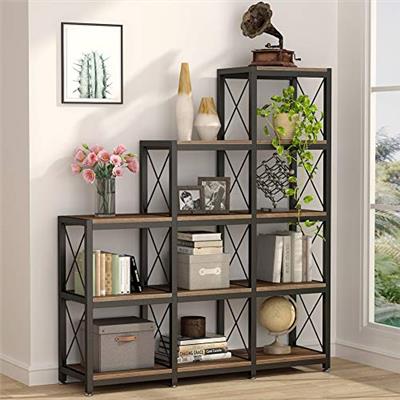 Tribesigns 12 Shelves Bookshelf, Industrial Ladder Corner Bookshelf 9 Cubes Stepped Etagere Bookcase, Rustic 5-Tier Display Shelf Storage Organizer fo