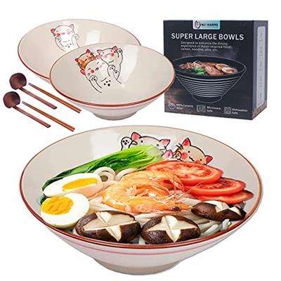 NJCHARMS Ceramic Japanese Ramen Noodle Soup Bowl, 2 Sets (6 Piece) 42 Ounce, with Matching Spoon and Chopsticks for Udon Soba Pho Asian Noodles (8 inc