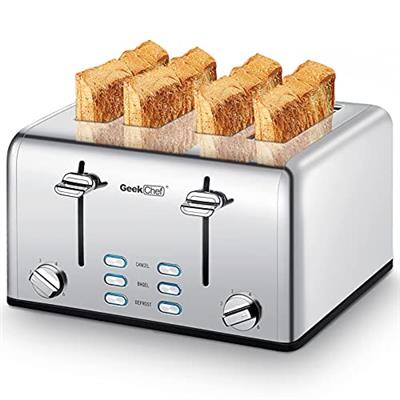 Toaster 4 Slice, Geek Chef Stainless Steel Toaster with Extra Wide Slots, 4 Slot Toaster with Bagel/Defrost/Cancel Function, Dual Control Panel of 6 T