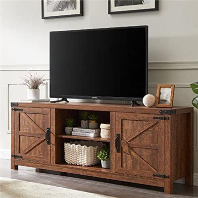 T4TREAM Farmhouse TV Stand for TVs Up to 75 inches, Wood Barn Door Media Television Console Table with Storage Cabinets, Easy Assembly Modern Entertai