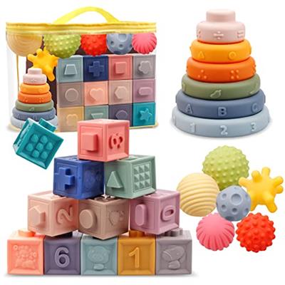 Montessori Toys for Babies,Soft Stacking Building Blocks Rings Balls Sets,3 in 1 Baby Toys Bundle,Sensory Toys for 6-12 Months, Soft Teething Toys for