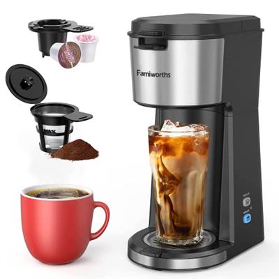 Famiworths Iced Coffee Maker, Hot and Cold Coffee Maker Single Serve for K Cup and Ground, with Descaling Reminder and Self Cleaning, Iced Coffee Mach
