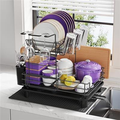 Qienrrae Dish Drying Racks for Kitchen Counter, Stainless Steel 2 Tier Black Dish Dryer Rack with Drainboard Set, Large Dish Drainers with Wine Glass