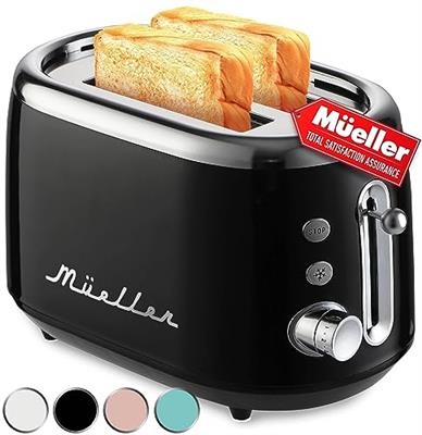 Mueller Retro Toaster 2 Slice with 7 Browning Levels and 3 Functions: Reheat, Defrost & Cancel, Stainless Steel Features, Removable Crumb Tray, Under