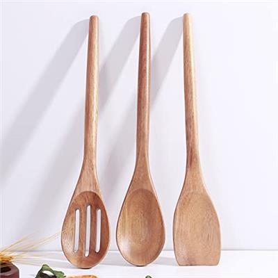 Delicate Wooden Utensils For Cooking, Set of 3, Wood Kitchen Utensils Cooking Tools, 12 Inch Acacia Wooden Spoons Spatula Set, Cooking Gadgets Safe Fo