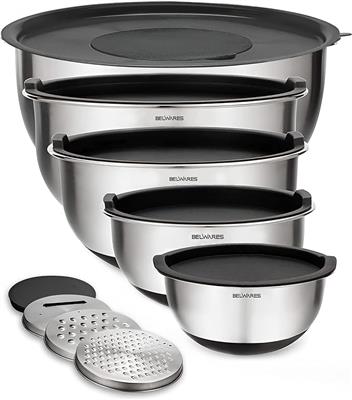Amazon.com: Belwares Mixing Bowls with Lids Set - Nesting Bowls with Airtight Lids   Graters - Stainless Steel Non-Slip Mixing Bowl for Baking, Food S