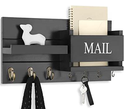 Lwenki Mail Organizer for Wall Mount – Key Holder with Shelf Includes Letter Holder and Hooks for Hallway Farmhouse Decor – Rustic Wood with Flush Mou