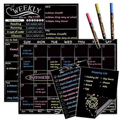 Magnetic Chalkboard Monthly Calendar - Weekly Planner Blackboard Combo Set w/Neon Bright Liquid Chalk Markers - Bonus Grocery List and Notepad Blackbo