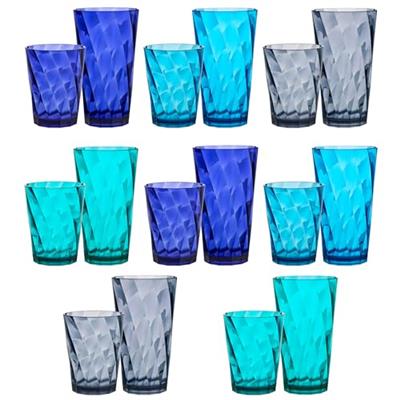 US Acrylic Optix Plastic Reusable Drinking Glasses (Set of 16) 14oz Rocks & 20oz Water Cups in Coastal Colors | BPA-Free Tumblers, Made in USA | Top-R