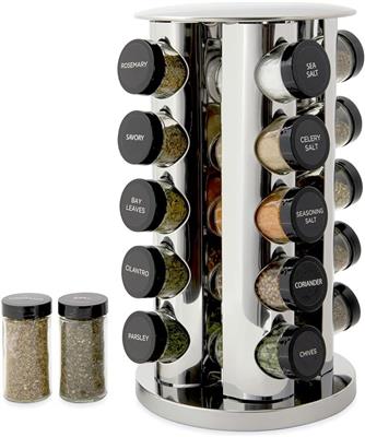 Amazon.com: Kamenstein 20 Jar Revolving Countertop Spice Rack with Spices Included, FREE Spice Refills for 5 Years, Polished Stainless Steel with Blac