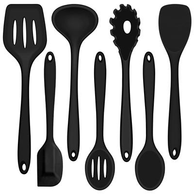 Walchoice 7-Piece Silicone Cooking Utensils Set, Black Kitchen Utensils, Non-stick Gadgets Tools Include Slotted Turner, Soup Ladle, Pasta Server - Wa