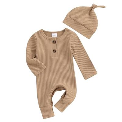 Infant Boys Girls Clothes Set Newborn Baby Romper Hat Ribbed Knit Long Sleeve Button Solid Bodysuit Jumpsuit (Khaki, Newborn)