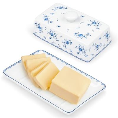 fanquare Porcelain Butter Dish with Lid for Countertop, Rose Butter Holder,Butter Dish with Cover, Blue