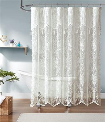 Warm Home Designs Ivory Lace Shower Curtain 72 x 72 Inches with Attached Valance & 7 Tassels. Luxury Farmhouse Shower Curtains for The Bathroom or Boh