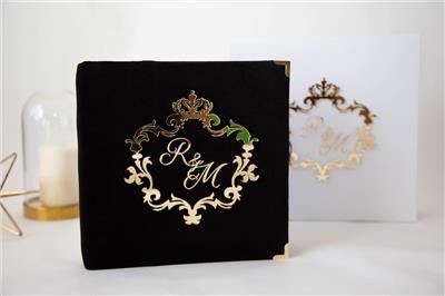 Black Velvet Handmade Personalized Wedding Photo Album - Gold Coat of Arms
