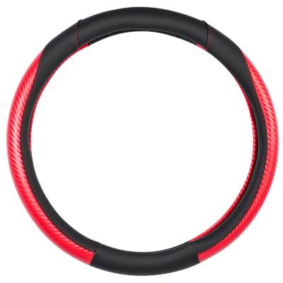 AutoTrends Faux Leather Red Carbon Steering Wheel Cover, Red & Black