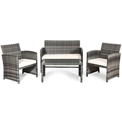 Goplus 4-Piece Rattan Patio Conversation Set with Off-white Cushions in the Patio Conversation Sets department at Lowes.com