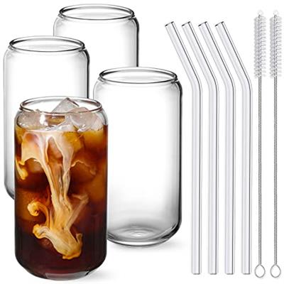 NETANY Drinking Glasses with Glass Straw 4pcs Set - 16oz Can Shaped Glass Cups for Beer, Iced Coffee, Tumbler Cup for Whiskey, Soda, Tea, Water, Gift