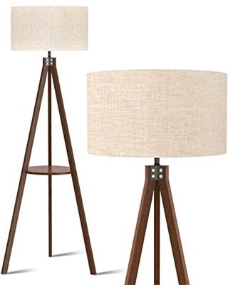 LEPOWER Tripod Floor Lamp, Mid Century Wood Standing Lamp, Modern Design Shelf Floor Lamp for Living Room, Bedroom, Office, Flaxen Lamp Shade with E26