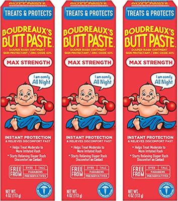 Boudreauxs Butt Paste Maximum Strength Diaper Rash Cream, Ointment for Baby, 4 oz Tube, 3 Pack