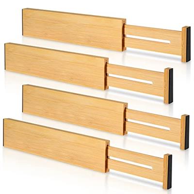 4 Pack Bamboo Drawer Dividers, Adjustable Length from 11 Inch to 17 Inch, Expandable Kitchen Drawer Organizer, Drawer Organization Separators for Clot
