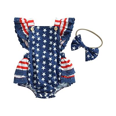 AEEMCEM Infant Baby Girl 4th of July Outfit American Flag Romper Ruffle Sleeve Backless Bodysuit Jumpsuit with Headband Set (A-Blue, 12-18 Months)
