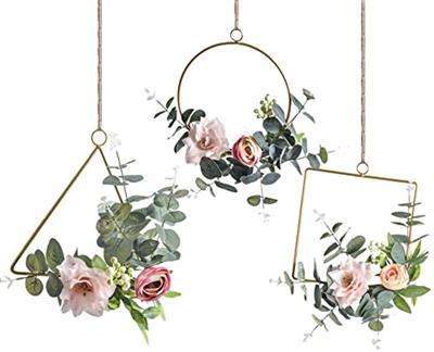 Romase Set of 3 Artificial Floral Hoop Wreaths - Handmade Garland with Pink Clematis and Tea Rose Flowers Adorned with Green Eucalyptus Leaves for Wed